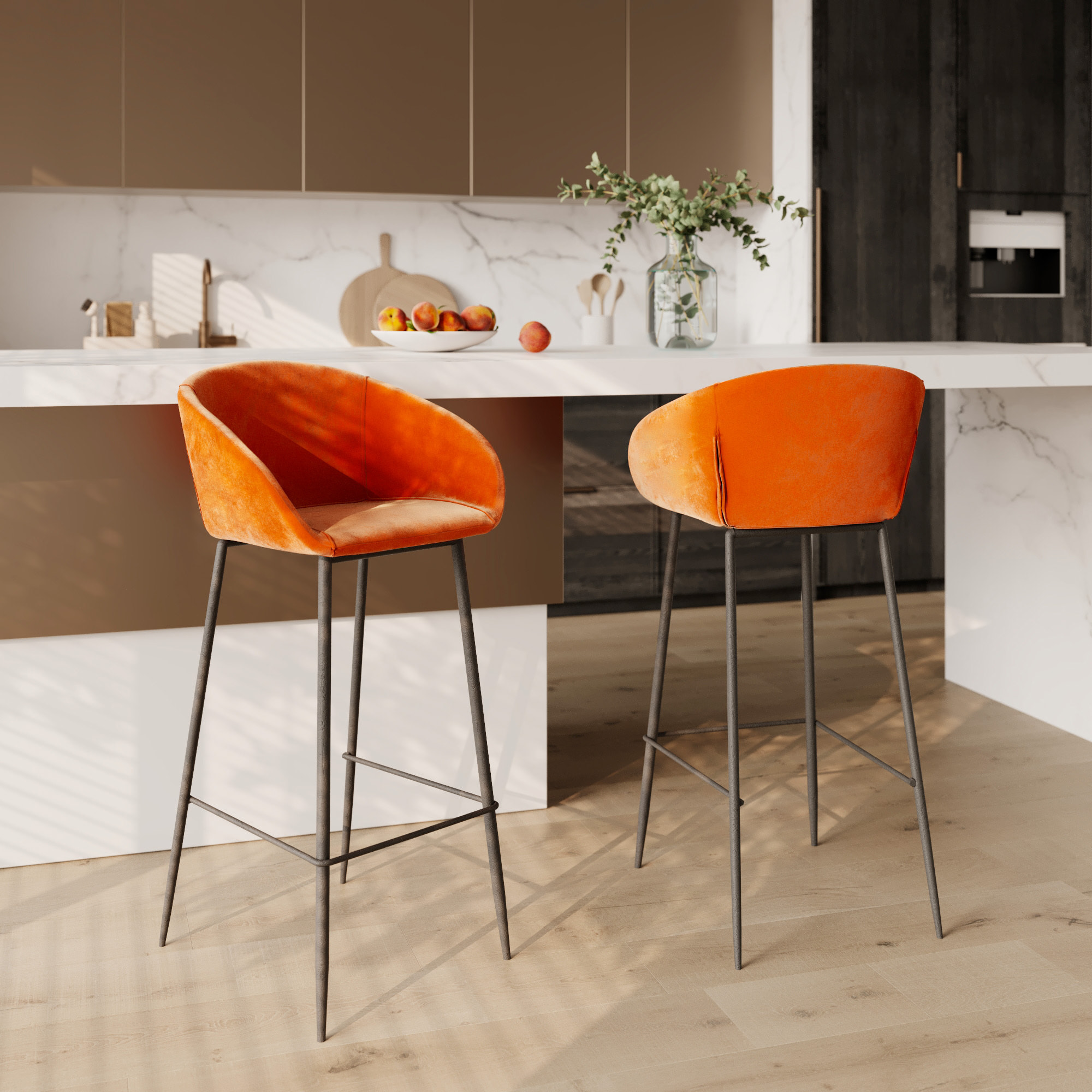 Chaise de bar 75 cm en velours orange (lot de 2) - Marquise