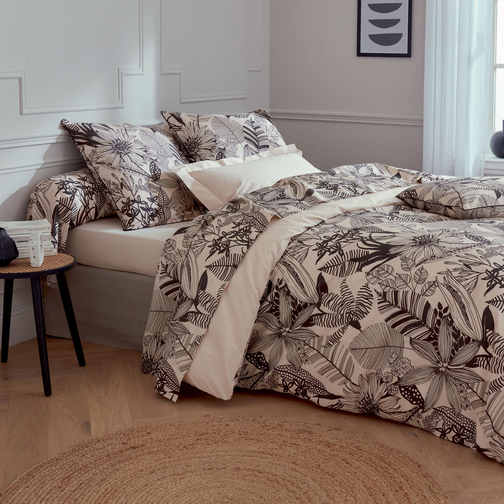 Housse de couette en percale aux impressions noires - Beige