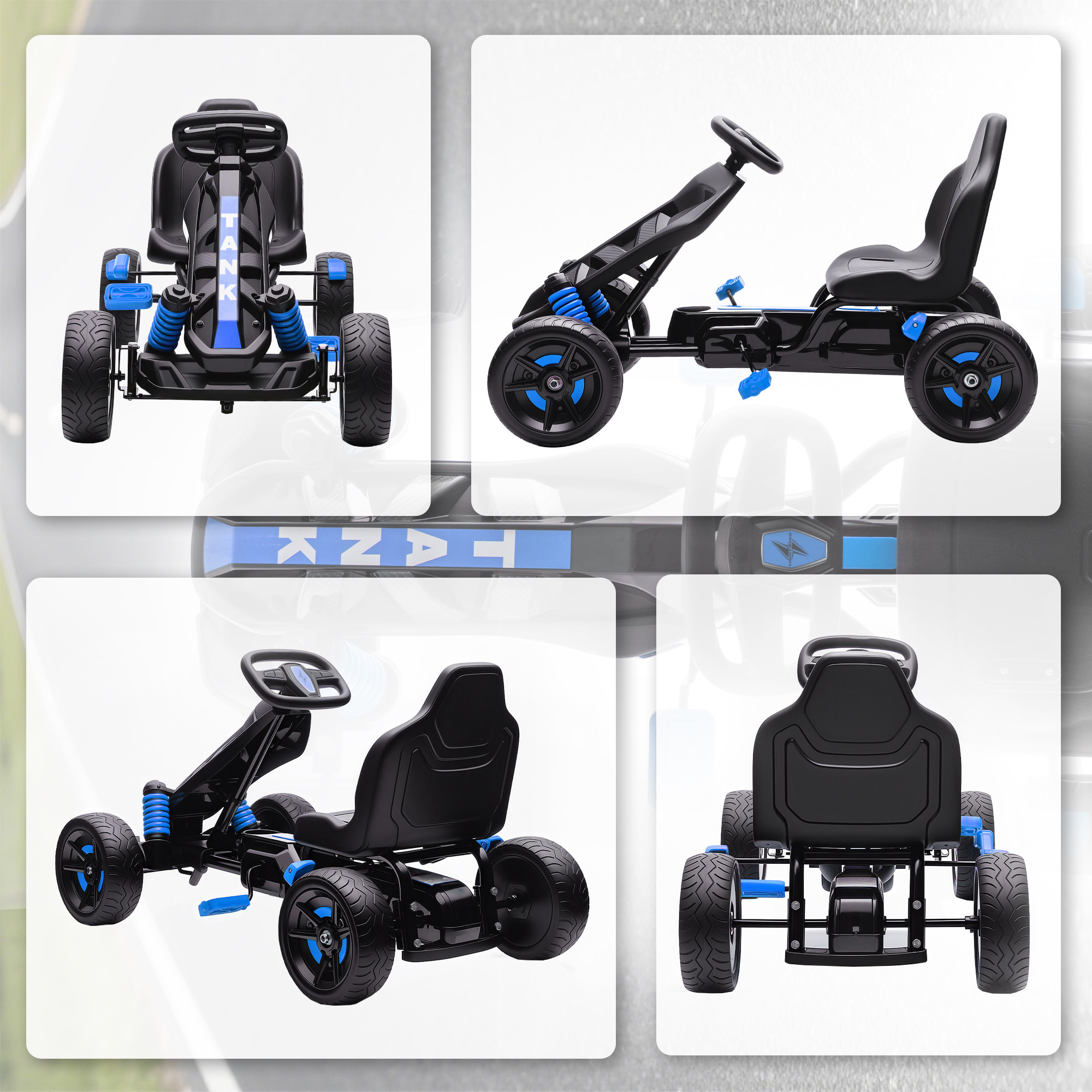 Kart à pédales enfant - Go Kart - carter chaine fermé - marche AV AR - métal plastique noir bleu
