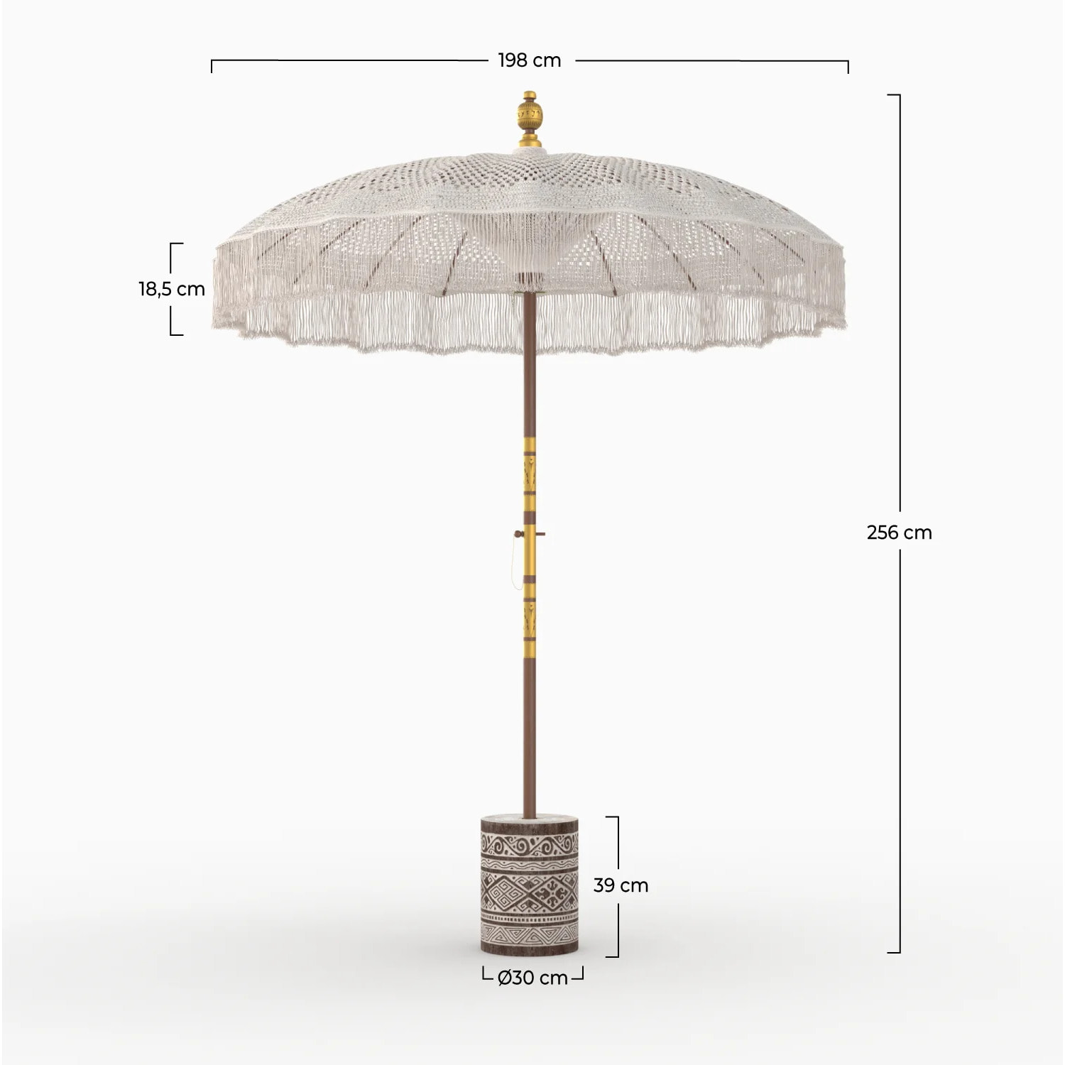 Ensemble parasol en macramé et pied de parasol en bois de suar - Fakélé