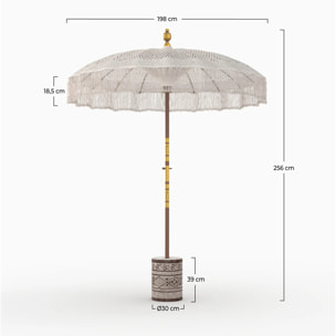 Ensemble parasol en macramé et pied de parasol en bois de suar - Fakélé