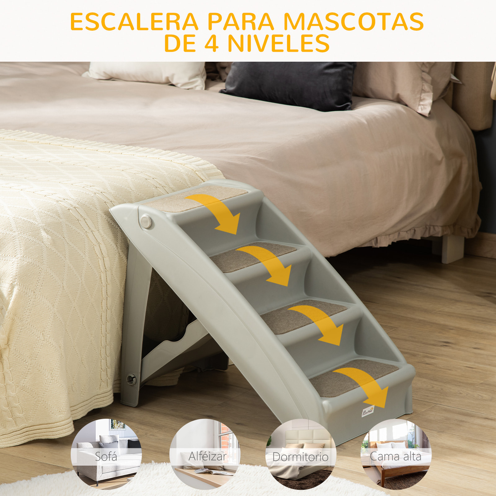 Escalera Plegable para Mascotas de 4 Peldaños Escalón para Perros Gatos Portátil con Alfombras Antideslizantes para Cama Sofá Carga 20 kg 62x38x49,5 cm Gris