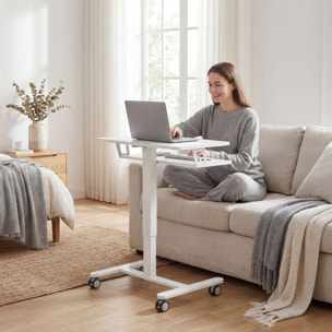 Bureau assis-debout mobile réglable table de lit 2 en 1 acier MDF blanc