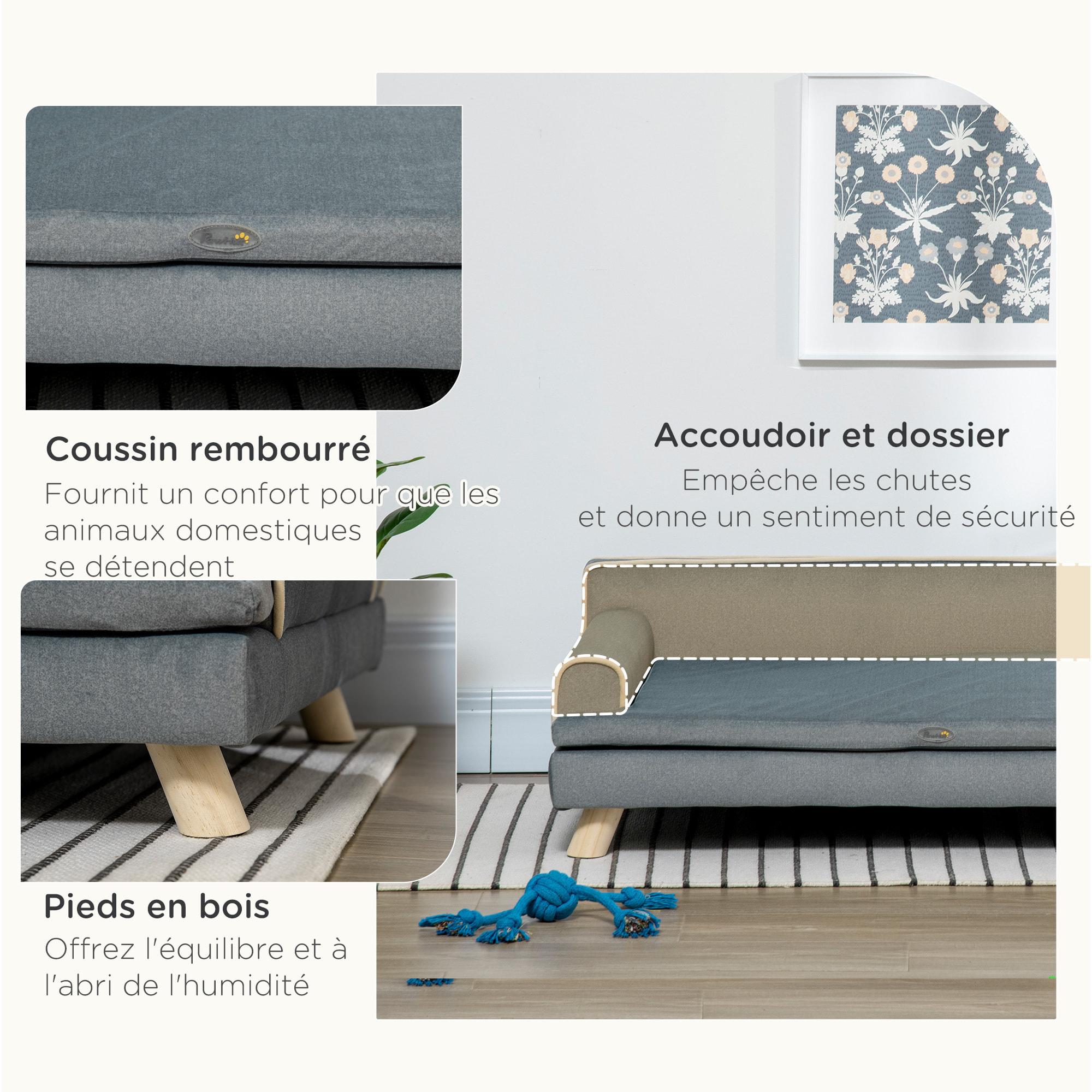Canapé chien lit pour chien design scandinave coussin moelleux piètement bois dim. 100L x 62l x 32H cm polyester gris