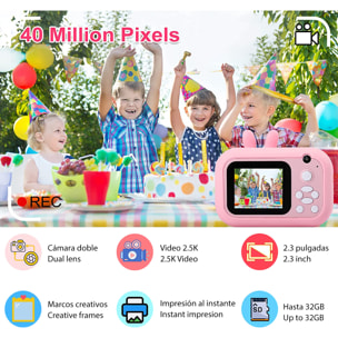 Cámara Ciervo digital de fotos 40mpx y video 2,5K para niños. Impresión instantánea de tus fotos preferidas. Doble cámara, para selfies.