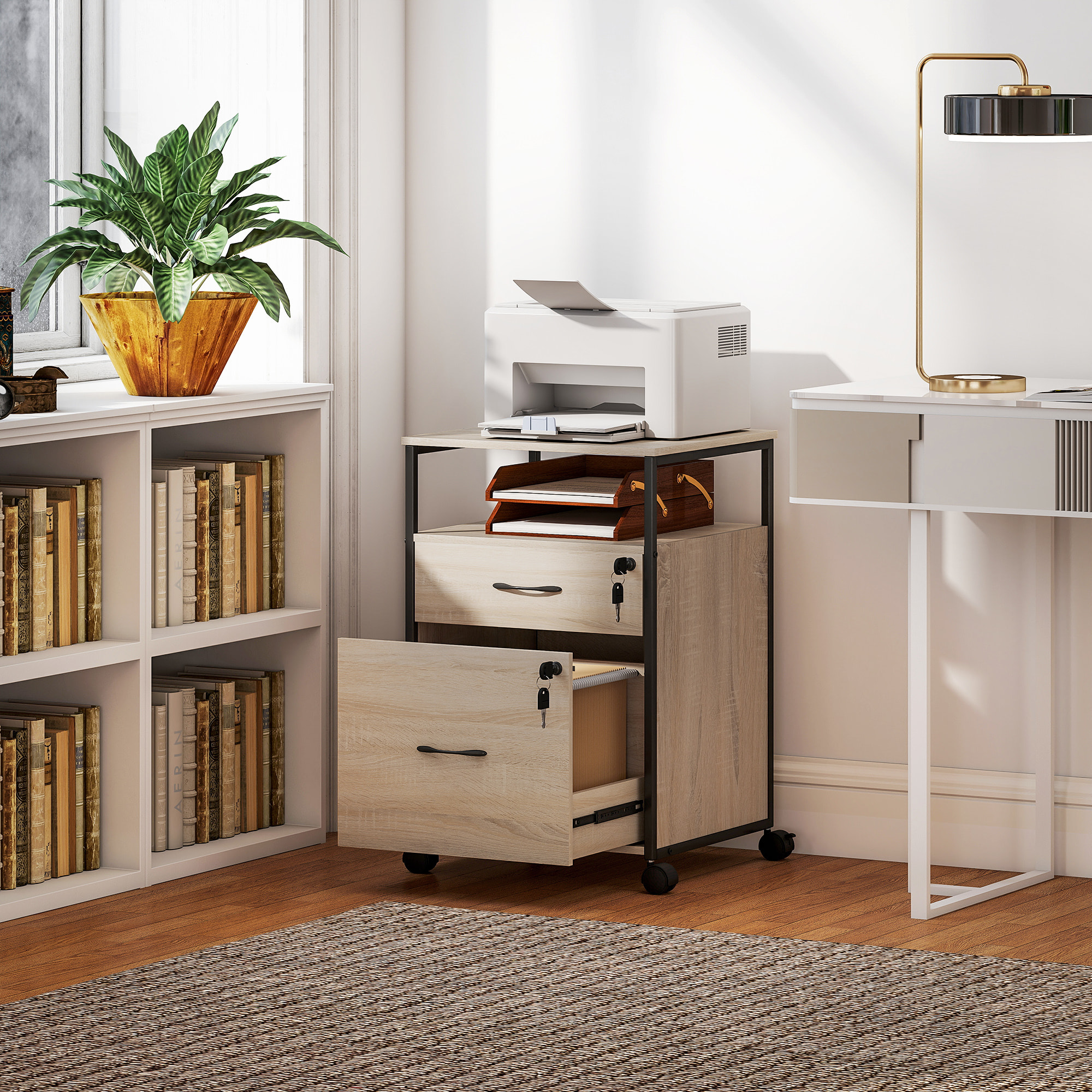 Cajonera de Oficina con 2 Cajones, Cajonera de Escritorio con Ruedas, Barra Colgante, Cerradura y 2 Llaves para A4 Carta, Archivador Móvil para Estudio, 44x40x66,5 cm, Natural