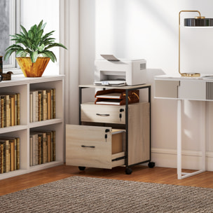 Cajonera de Oficina con 2 Cajones, Cajonera de Escritorio con Ruedas, Barra Colgante, Cerradura y 2 Llaves para A4 Carta, Archivador Móvil para Estudio, 44x40x66,5 cm, Natural