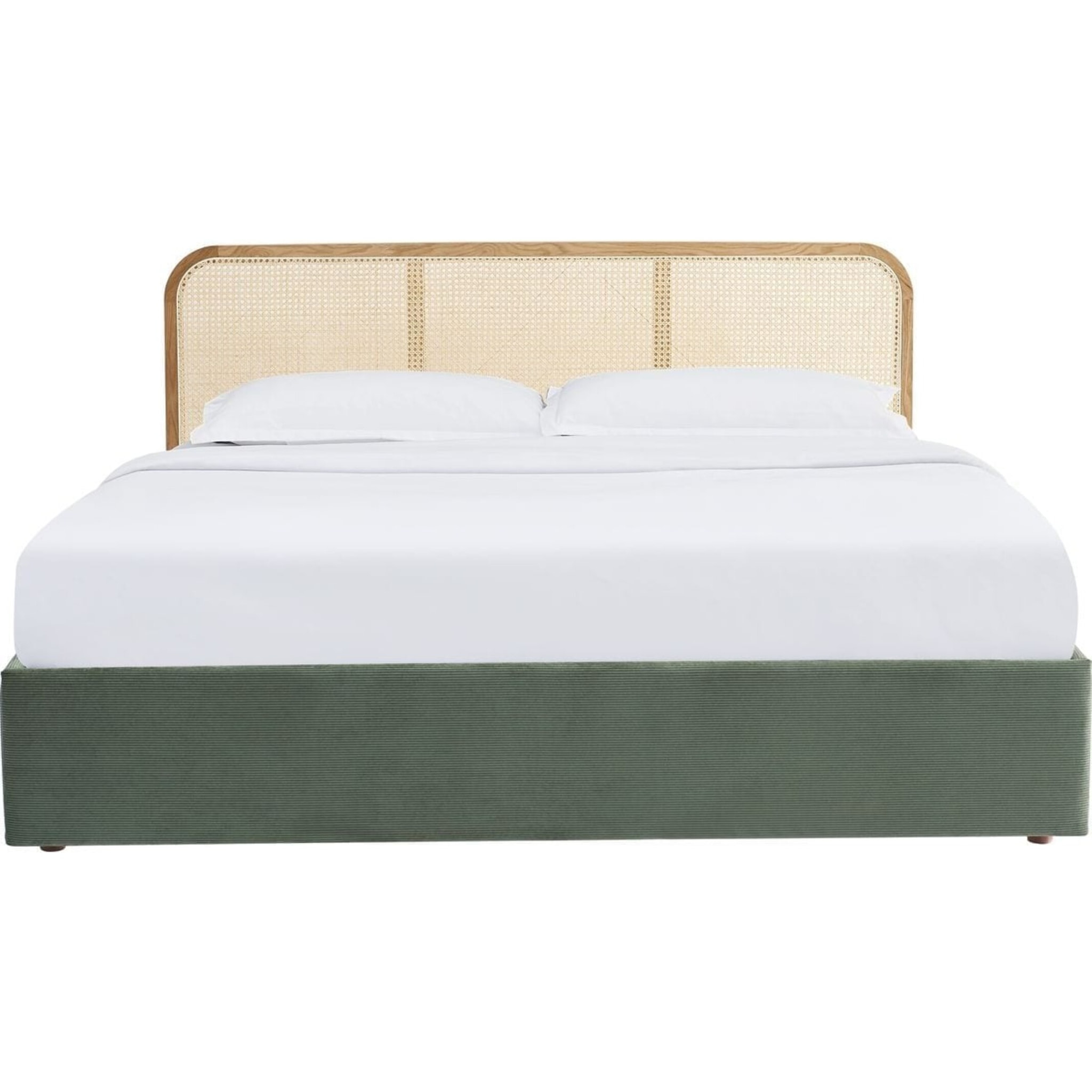 Lit coffre adulte 140x190 cm en velours côtelé avec tête de lit en bois et cannage - ELSA