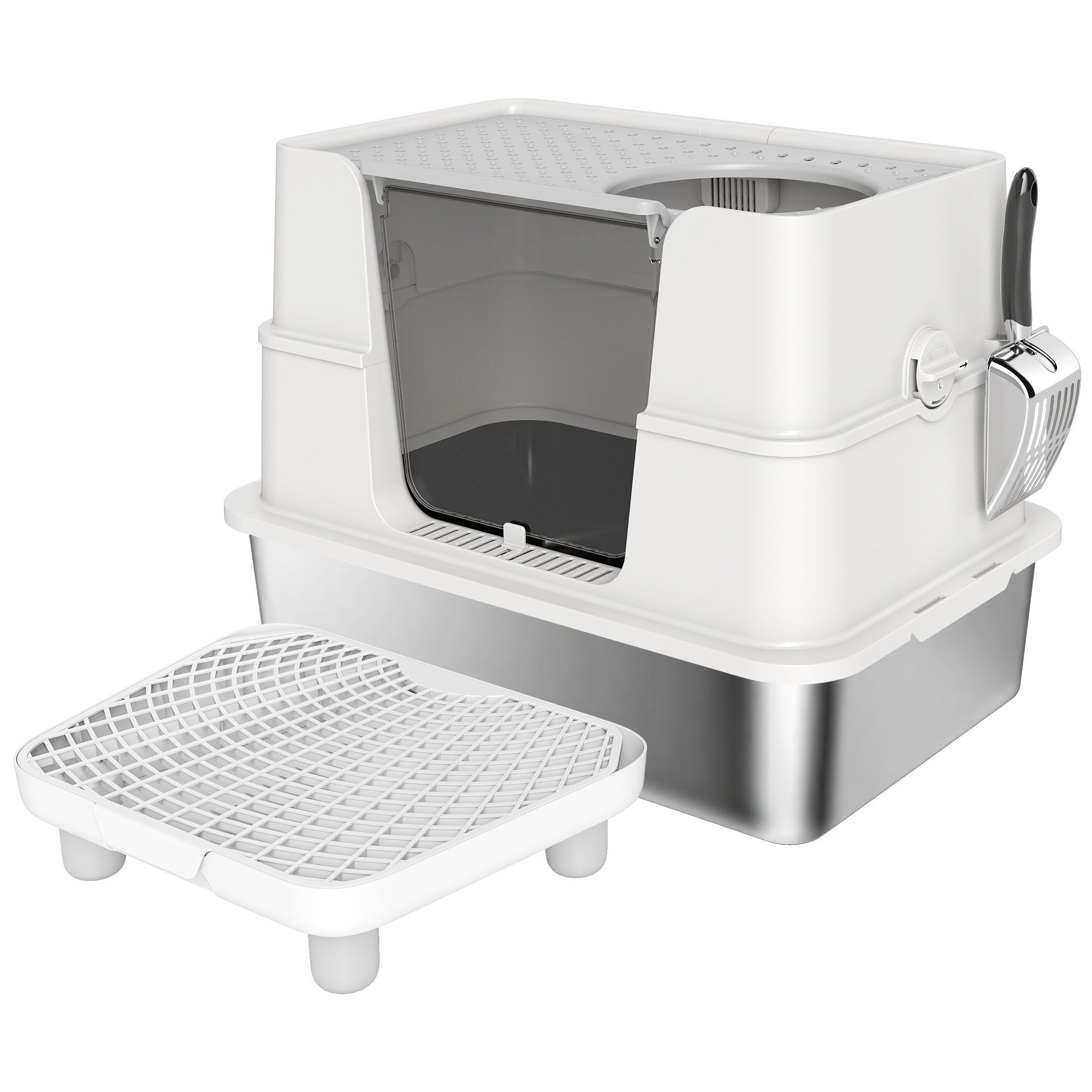 Bac à litière avec ouvercle pivotant 100° inox gris clair