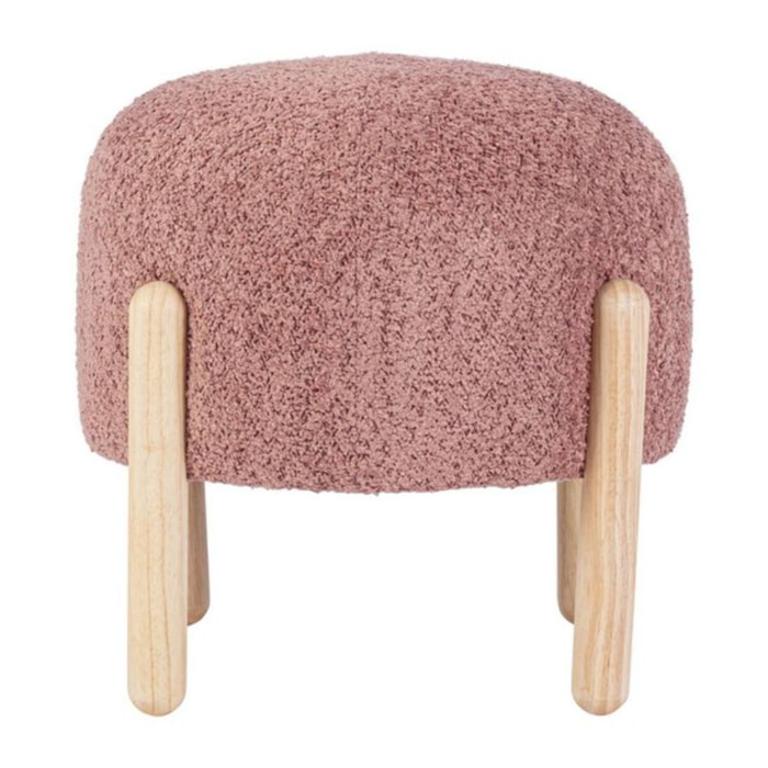 Pouf DAYLA in tessuto rosa scuro effetto bouclé e gambe in legno rubber wood