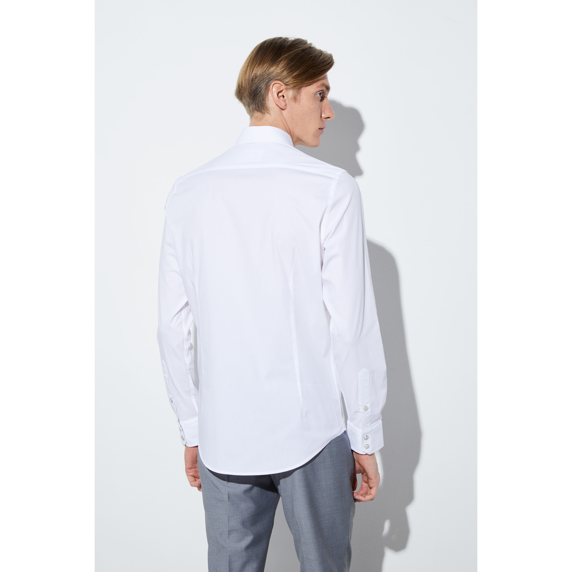Camicia Uomo 1 Bottone Button Down Slim Popeline Stretch Unito Bianco