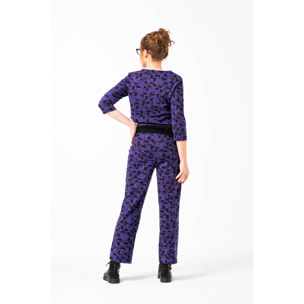 Mamatayoe Acquerello. Pantalón Largo Estampado de Mujer de Color Morado para Otoño Invierno. Pantalón de Vestir Recto de Algodón con Cintura Cruzada y Bolsillos Laterales.