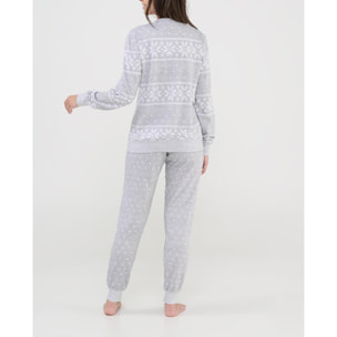 Pijama mujer estampado en estrellas de nieve, cuello pico, manga larga con puños y pantalón largo con puños