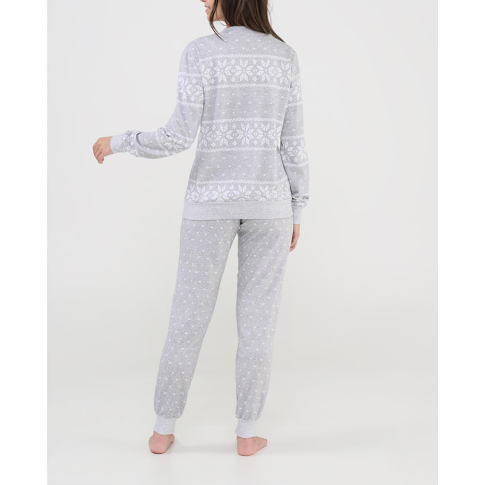 Pijama mujer estampado en estrellas de nieve, cuello pico, manga larga con puños y pantalón largo con puños