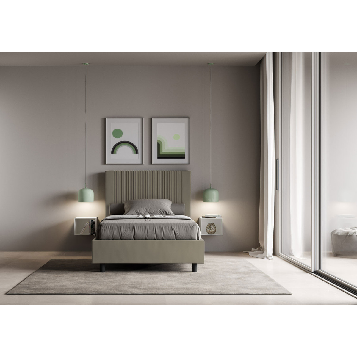 Letto una piazza e mezza contenitore imbottito 120x210 similpelle cappuccino Goya