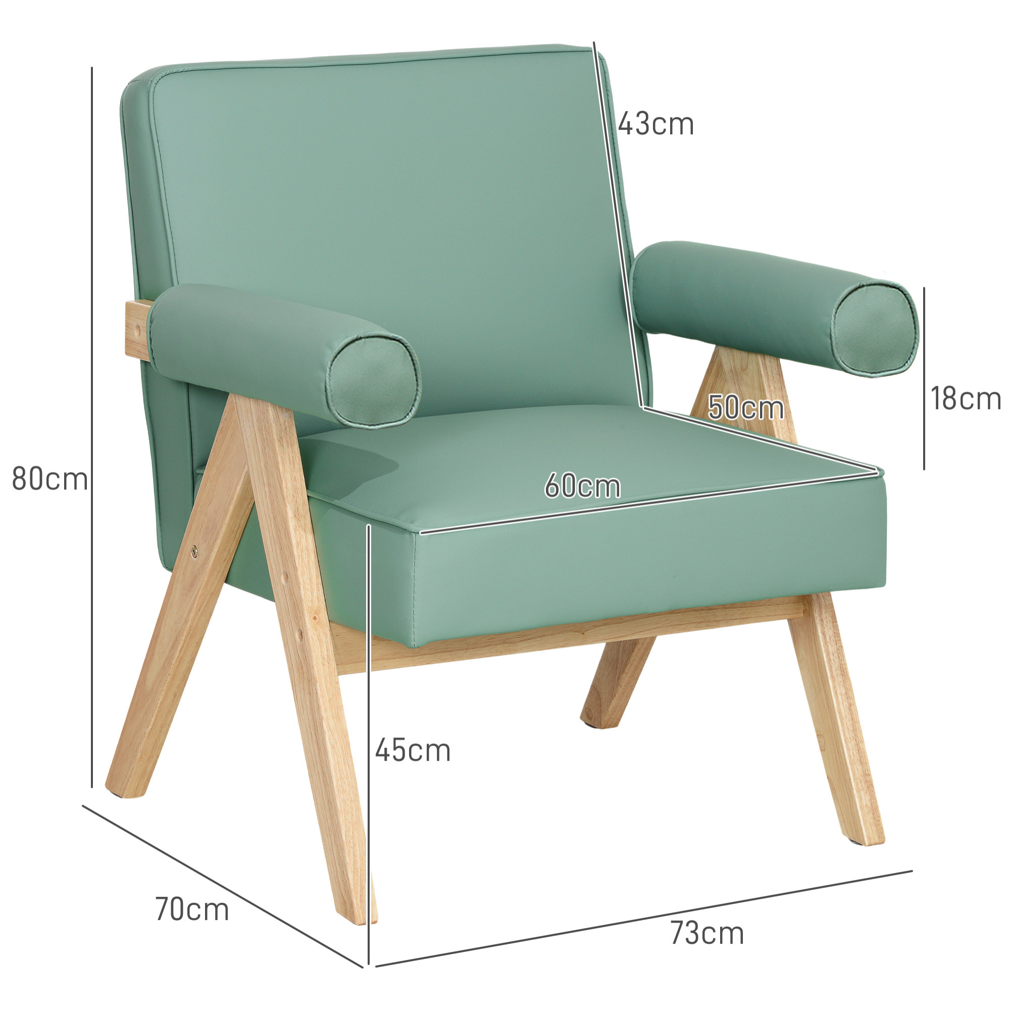 Butaca de Salón Butaca Nórdica Sillón de Salón Tapizado en PU con Reposabrazos y Marco de Madera de Caucho para Dormitorio Carga 120 kg Verde