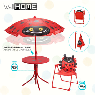Well Home Conjunto jardín niños 4 piezas (mesa + 2 sillas + paraguas) diseño Mariquita, plegable y ligero