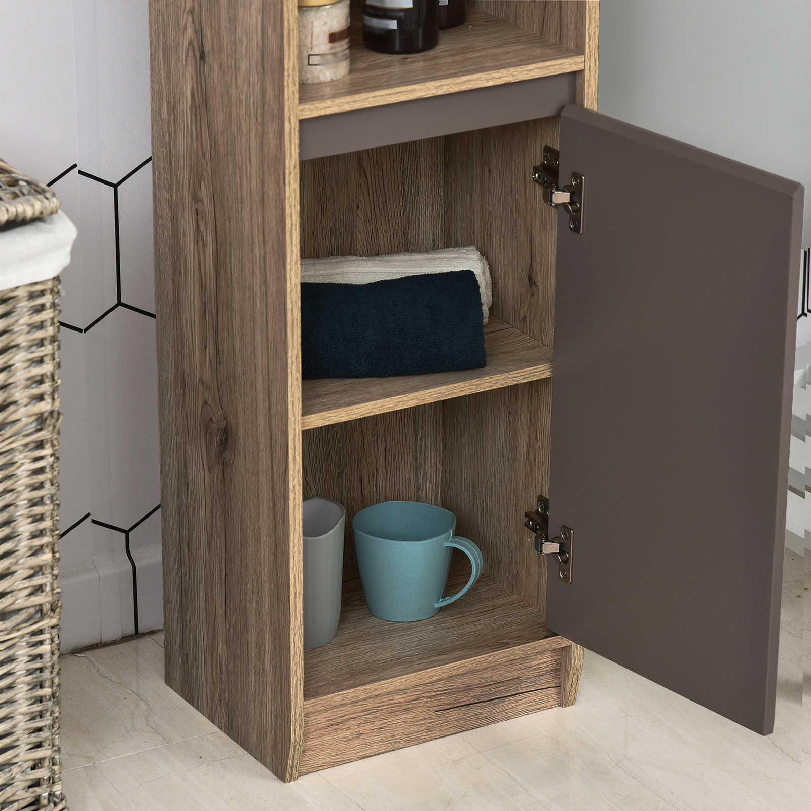 Armario Alto para Baño Columna de Baño con 2 Puertas y 2 Estantes Abiertos Mueble Auxiliar de Almacenaje para Salón Recibidor 30x24x170 cm Roble y Gris