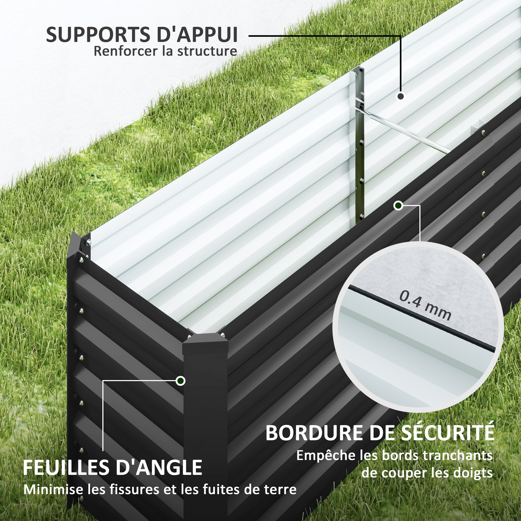 Carré potager de jardin rectangulaire dim. 240L x 120l x 30H cm tôle d'acier ondulée anthracite