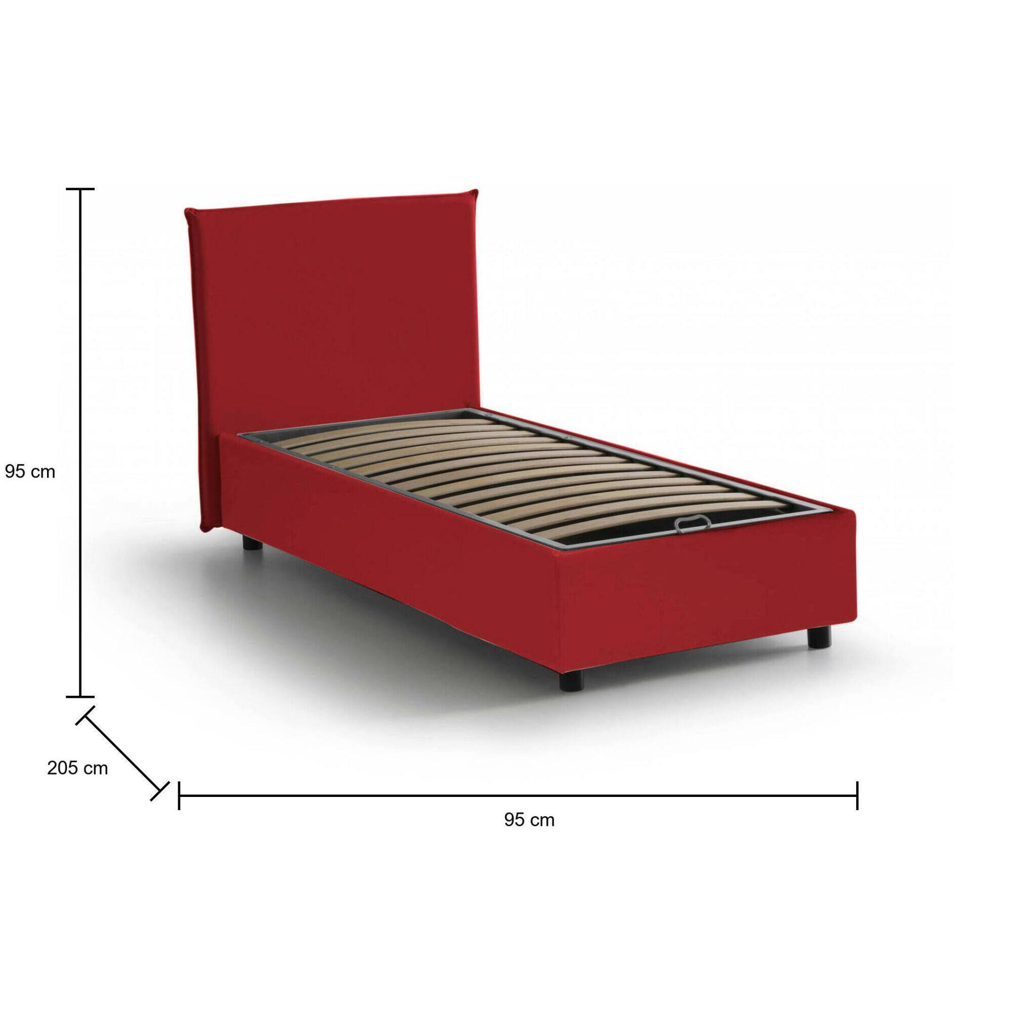 Letto singolo Acuila, Letto contenitore con rivestimento in tessuto, 100% Made in Italy, Apertura laterale, adatto per materasso Cm 80x190, Rosso
