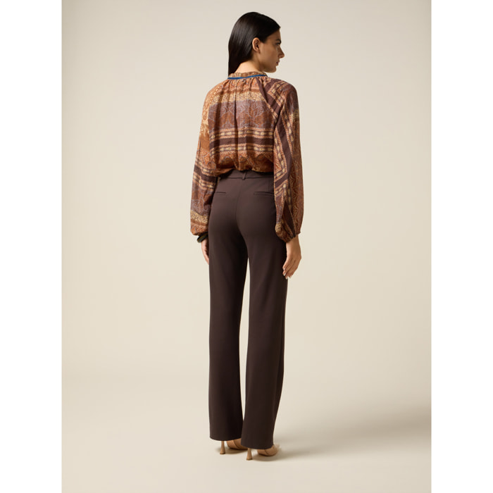 Oltre - Pantalones acampanados en punto milano - Marrón