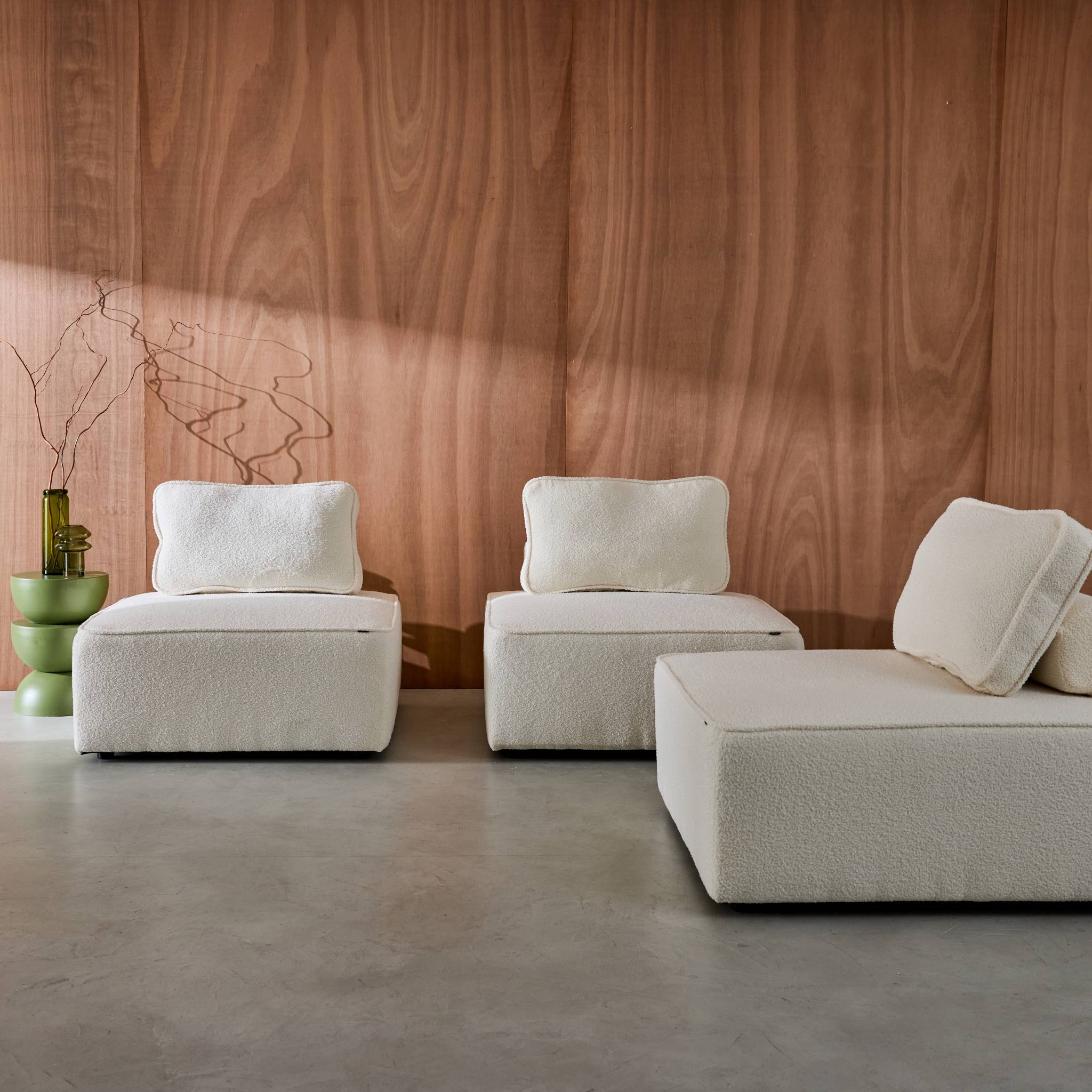 Lot de 3 chauffeuses pour canapé modulable tissu bouclette crème 1 place Bao. L 90 x P 90 x H 74cm