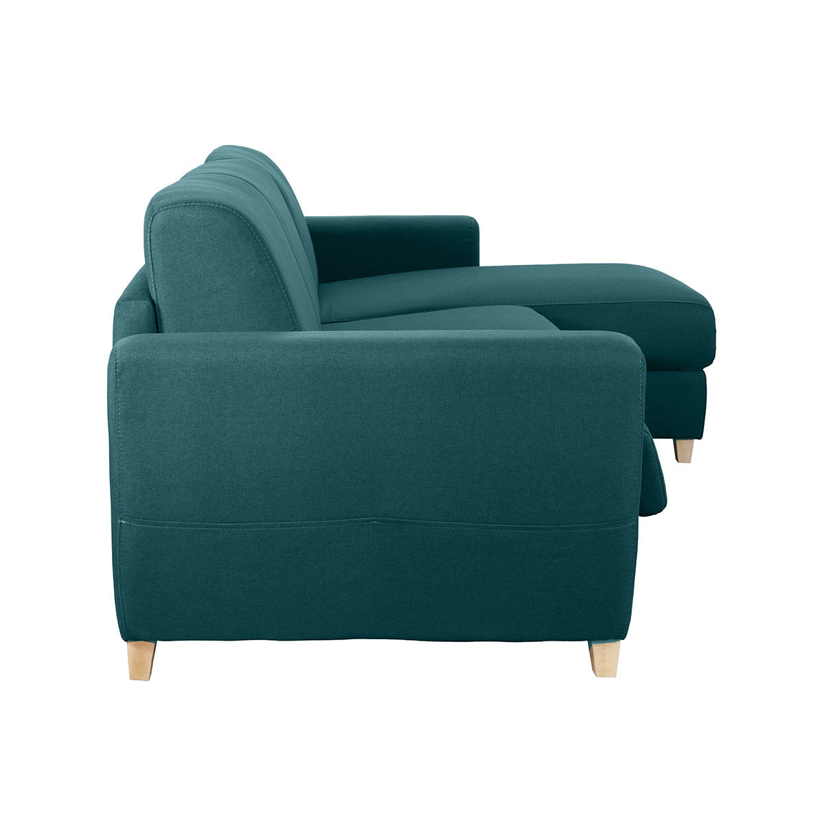 Canapé d'angle convertible réversible avec coffre 4 places en tissu bleu canard et bois clair GRAHAM