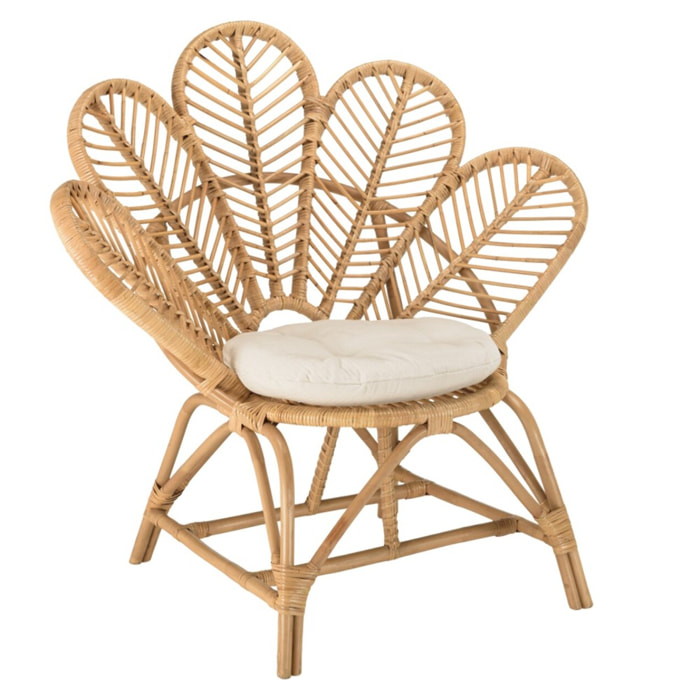KALLY - Fauteuil 'fleur' rotin couleur brun miel coussin d'assise blanc KALLY