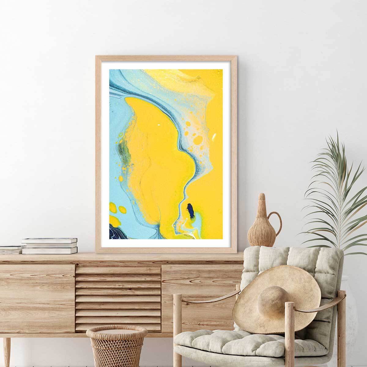 Affiche abstraite ondes sonores et dunes Affiche + cadre en bois - Chêne