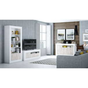 Libreria Lexington, Mobile portalibri moderna a 2 ante e 3 ripiani, Scaffale moderno, Credenza alta con scomparti, cm 94x35h181, Bianco lucido