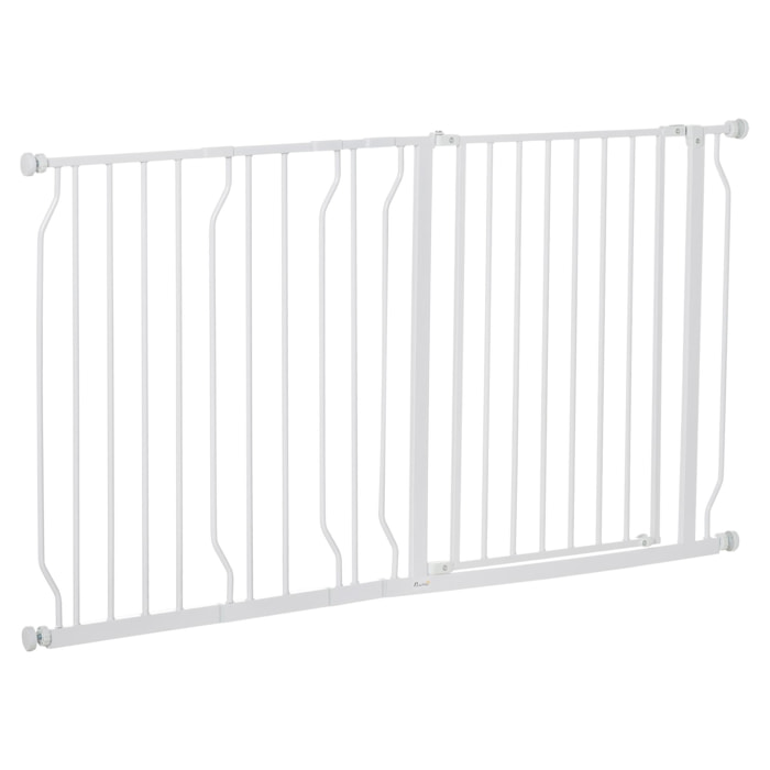 Barrière de sécurité animaux - longueur réglable dim. 75-145 cm - porte double verrouillage, ouverture double sens -sans perçage - acier ABS blanc