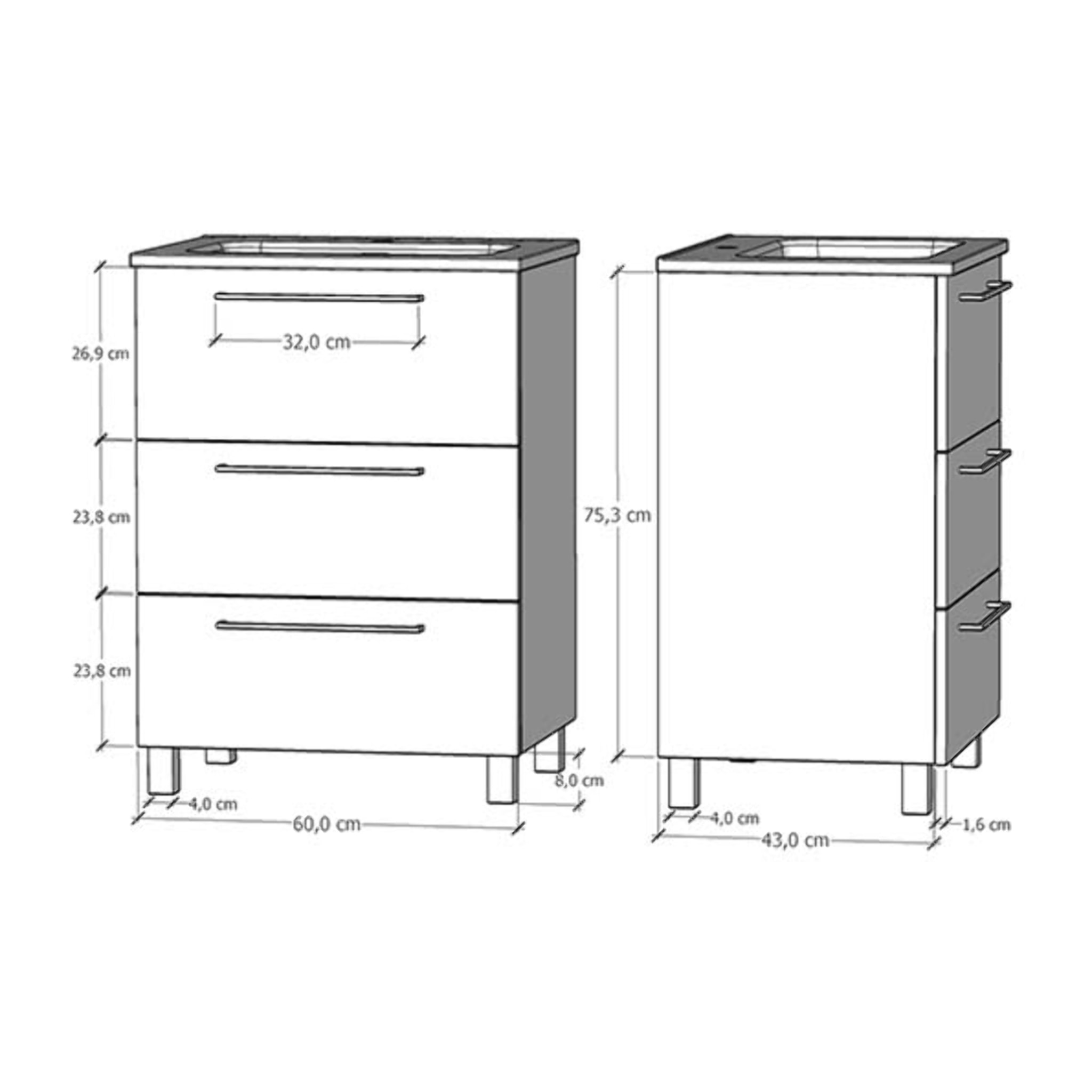 Ensemble De Salle De Bain Haru | Meuble De Salle De Bain Avec Pieds | 60 Cm Gris Mat| 3 Tiroirs | Vasque Ceramique | N'Inclut Pas Miroir | Alday