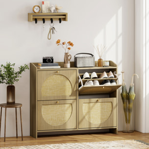 Zapatero Estrecho con 4 Puertas de Ratán, Zapatero Entrada Recibidor con Estantes Ajustables, para 16 Pares de Zapatos, para Espacios Reducidos, 104,5x24x88 cm, Natural