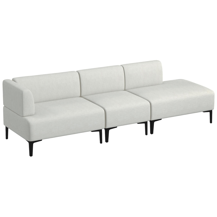 Canapé 3 places design contemporain modulable piètement acier noir tissu aspect lin blanc cassé