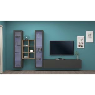 Parete attrezzata Eros, Set salotto porta TV a 3 ante, Mobile soggiorno multiuso con vetrina e luce LED, 100% Made in Italy, cm 320x30h180, Antracite