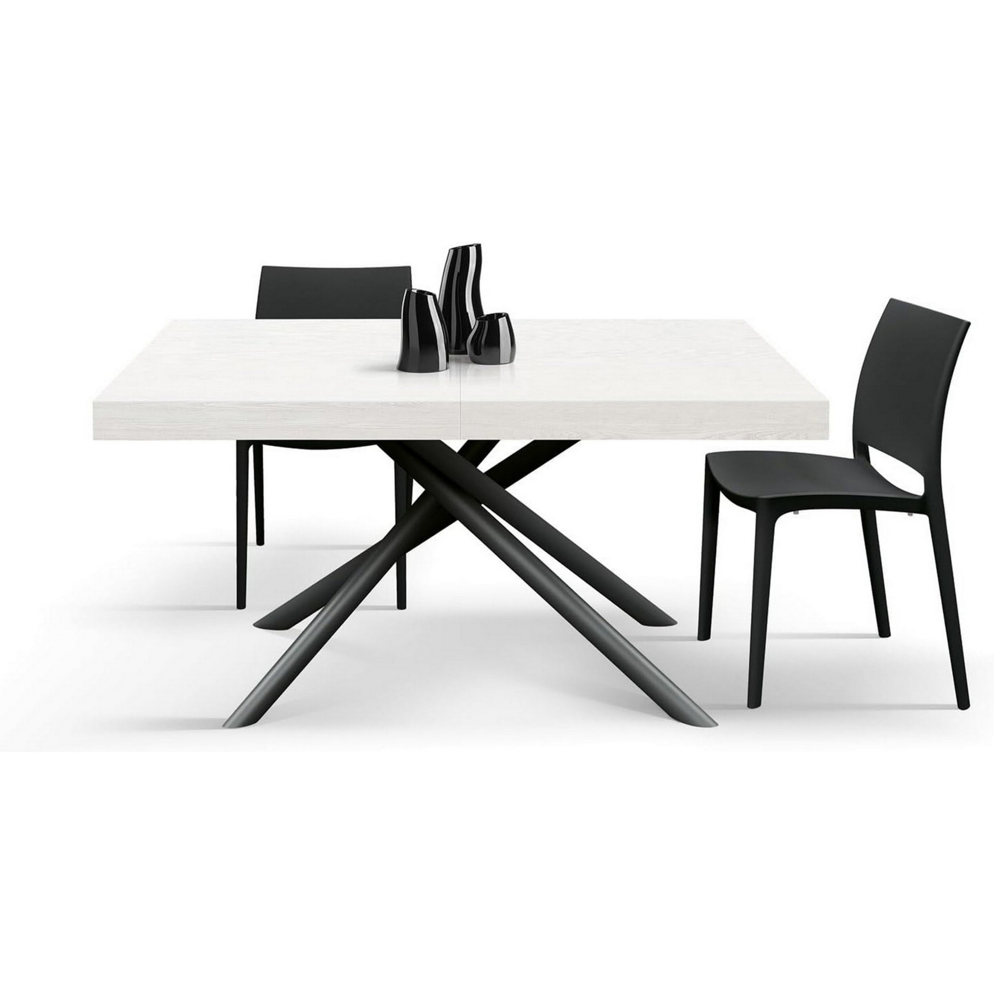 Tavolo CARRARA in legno, finitura bianco frassinato e base in metallo verniciato antracite, allungabile 160x90 cm - 240x90 cm
