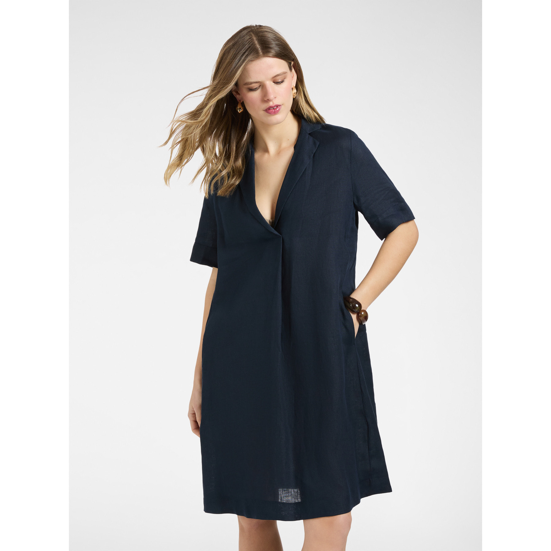 Elena Mirò - Vestido camisero de lino manga corta - Azul