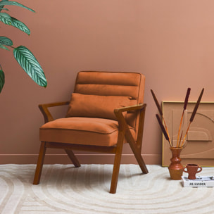 Fauteuil scandinave bois d'hévéa et velours terracotta