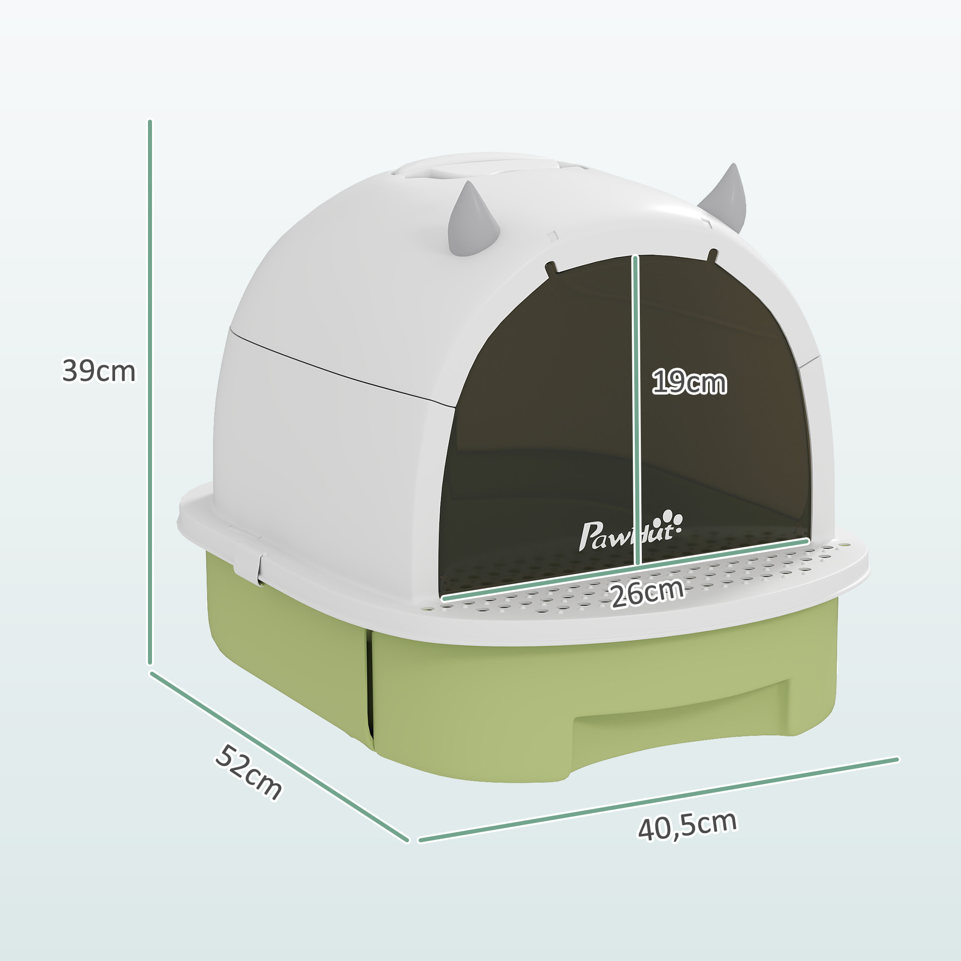 Maison de toilette chat design - porte fumée, pelle, 2 sacs désodorisation, tiroir litière coulissant, poignée - blanc vert