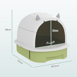 Maison de toilette chat design - porte fumée, pelle, 2 sacs désodorisation, tiroir litière coulissant, poignée - blanc vert