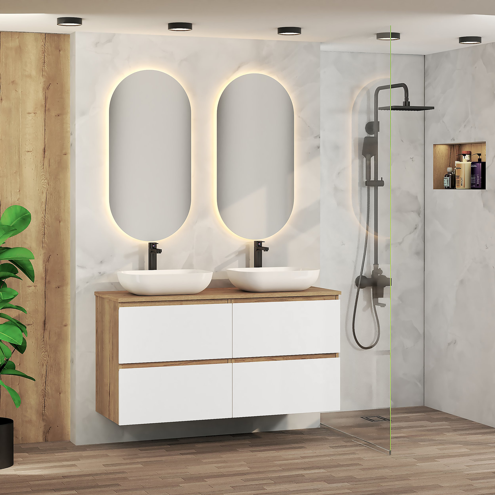 ENSEMBLE SALLE DE BAIN NIA | MEUBLE SUSPENDU | 140 CM BLANC | 4 TIROIRS | LAVABO SUR PLAN | N'INCLUT PAS MIROIR | MEUBLE MONTÉ | ALDAY
