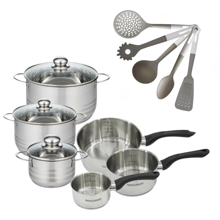 Batterie de cuisine avec 3 faitouts 16/20/24 cm et 3 casseroles 12/16/20 cm et 5 ustensiles de cuisine Fackelmann Généva Brillant Vario