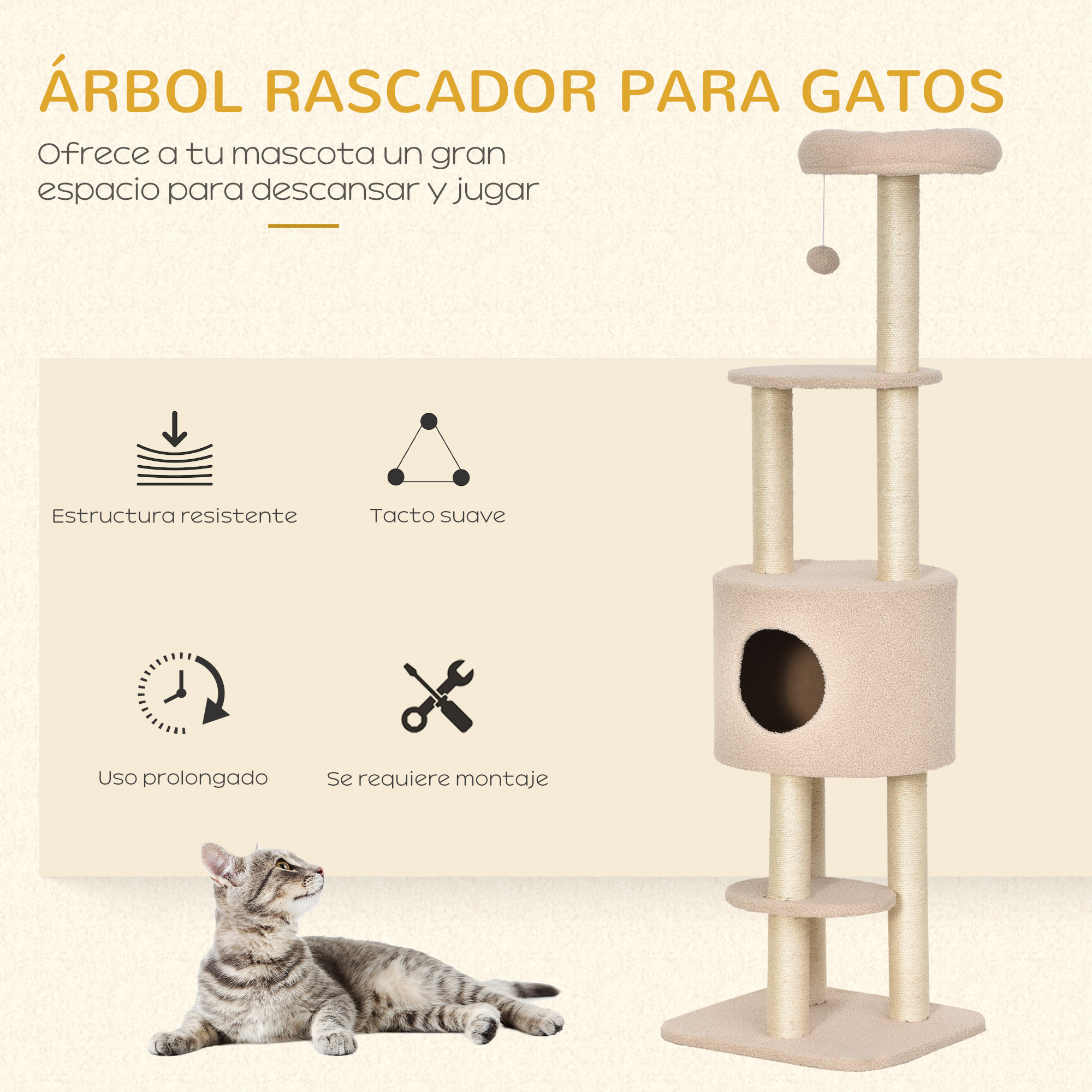 árbol Rascador para Gatos Altura 148 cm árbol para Gatos Torre para Gatos con Postes de Sisal 3 Plataformas Casita y Bola Colgante Beige