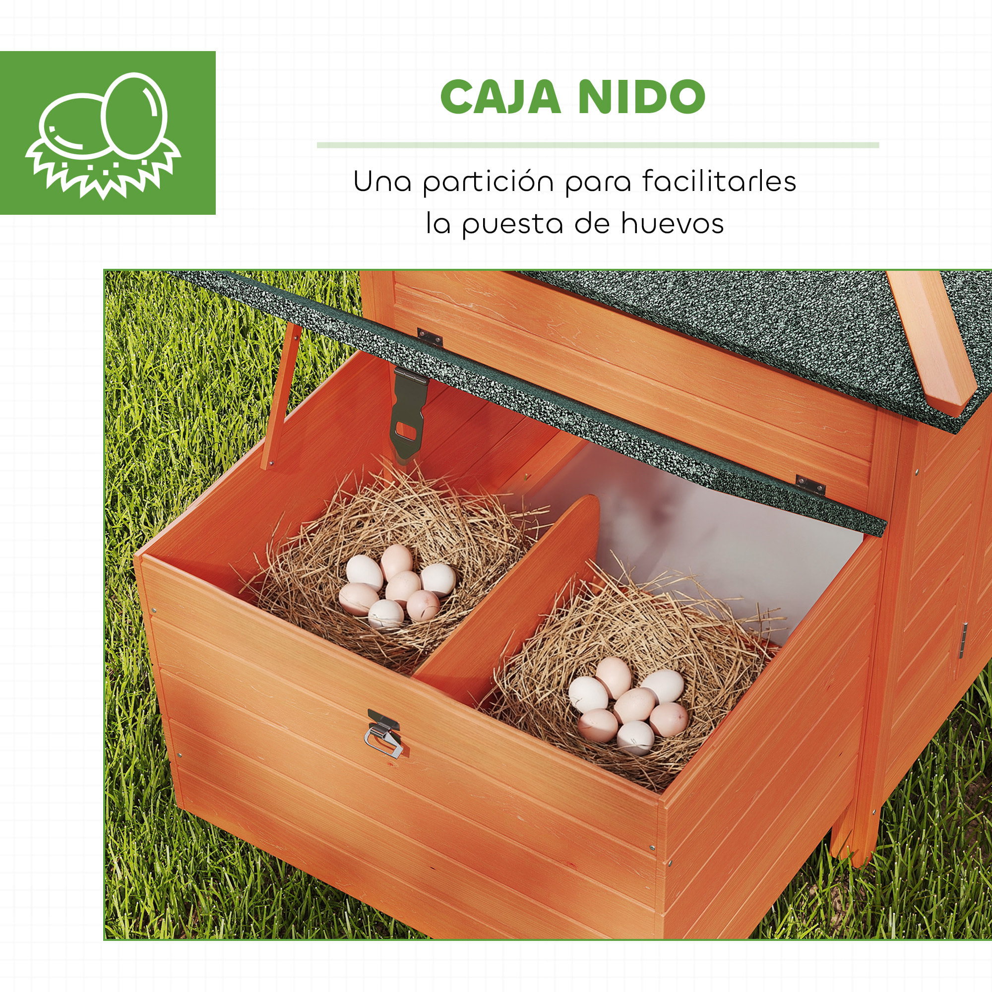 Gallinero de Madera Exterior, Jaula para Gallinas con Nidos, Corral, Bandeja Extraíble, Tapa Abatible, 196x76x97 cm, Naranja