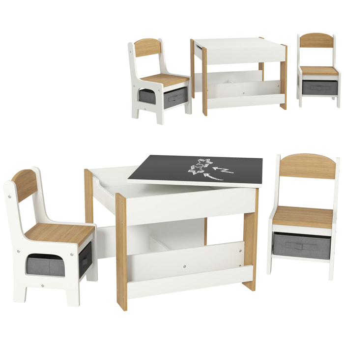 Ensemble 3 pièces table 2 chaises enfant - plateau table réversible tableau noir - rangement - étagères