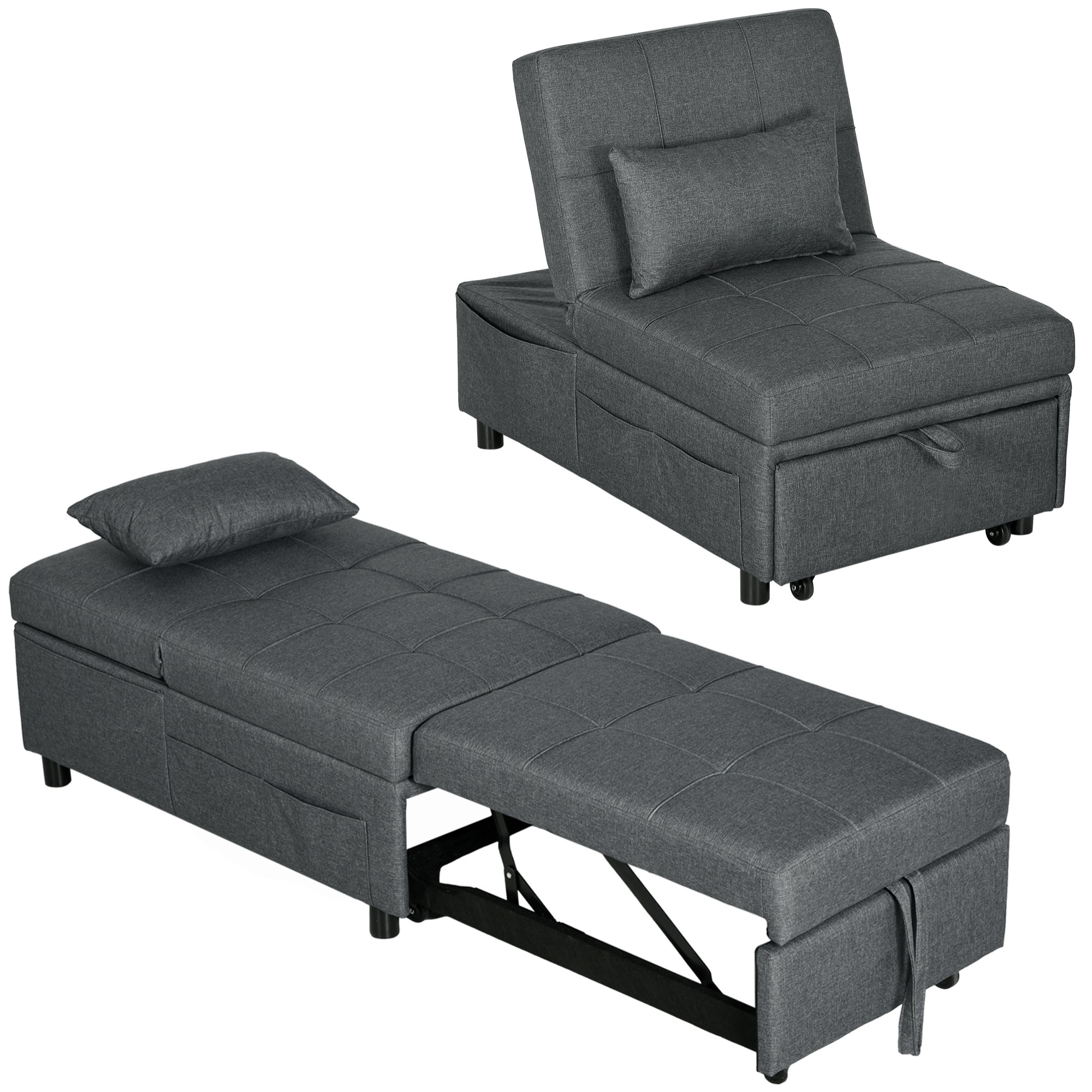 Chauffeuse fauteuil convertible inclinable réglable tissu effet capitonné gris
