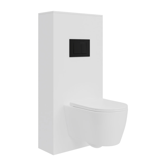 Pack Wc Suspendu + Châssis + Boîtier de Support Blanc | Toilette Blanc Mat | Bouton Noir | Réservoir Encastré | Couvercle Amorti | Alday
