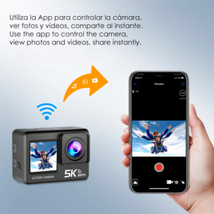 Cámara Deportiva M60 TR 5k 30fps con 47,5 mpx, doble pantalla de 2" y 1.3", estabilizador de imagen, multitud de accesorios y WIFI.