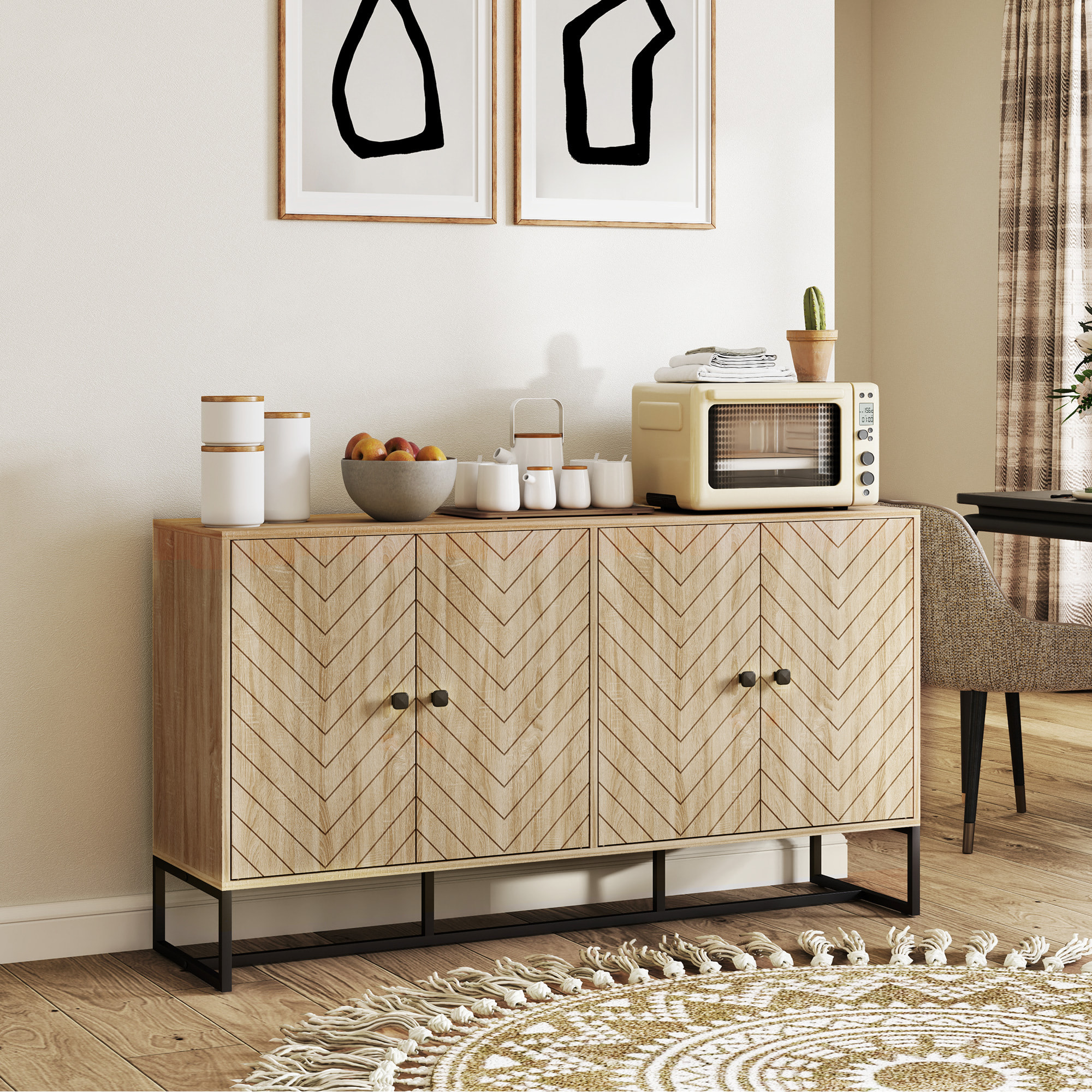 Aparador de 4 Puertas con Diseño Chevron, Aparador de Salón con Estantes Ajustables, Patas de Acero, para Cocina, Entrada, Dormitorio, Roble, 140,5x40x81,5 cm