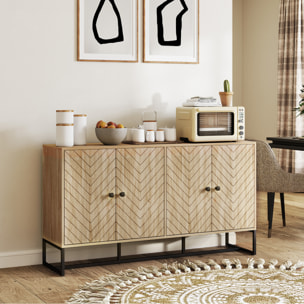 Aparador de 4 Puertas con Diseño Chevron, Aparador de Salón con Estantes Ajustables, Patas de Acero, para Cocina, Entrada, Dormitorio, Roble, 140,5x40x81,5 cm